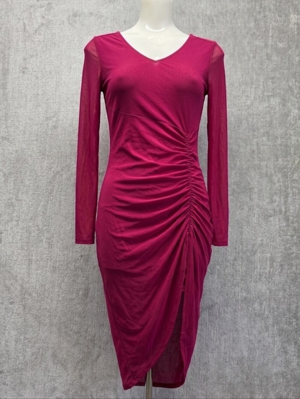Bebe‎ Wine Mesh Ruched Bodycon Midi Dress Long Sleeve V Neck Sheer